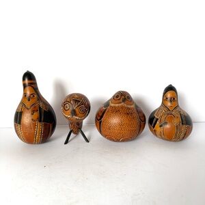 Set of 4 Hand-Carved Peruvian Folk Art Gourds -  Owl, Bird & Native Figures